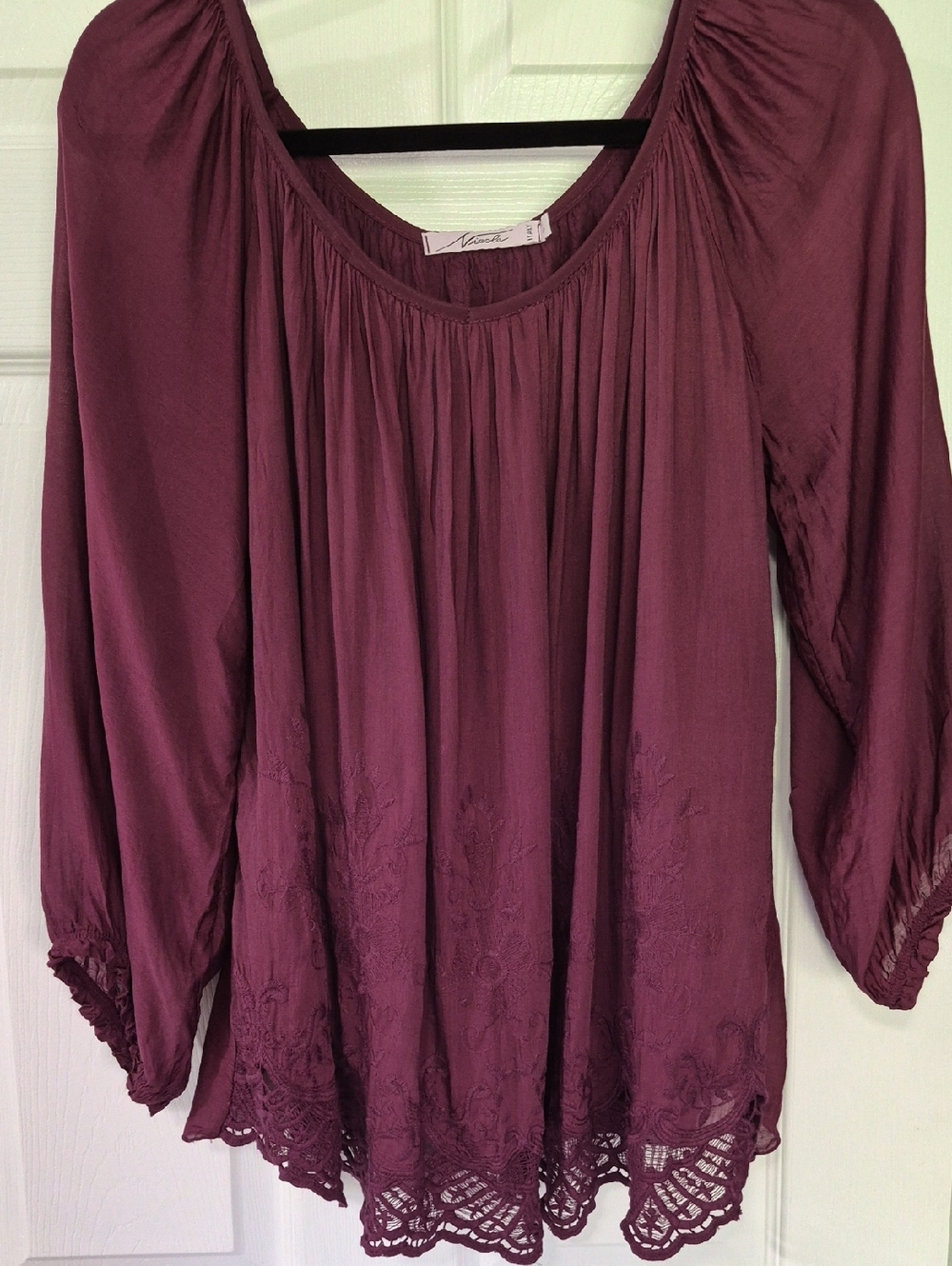 Nicole Silk Blend Burgundy Long-Sleeve Boho Tunic with Lace Trim, Lined, Size S